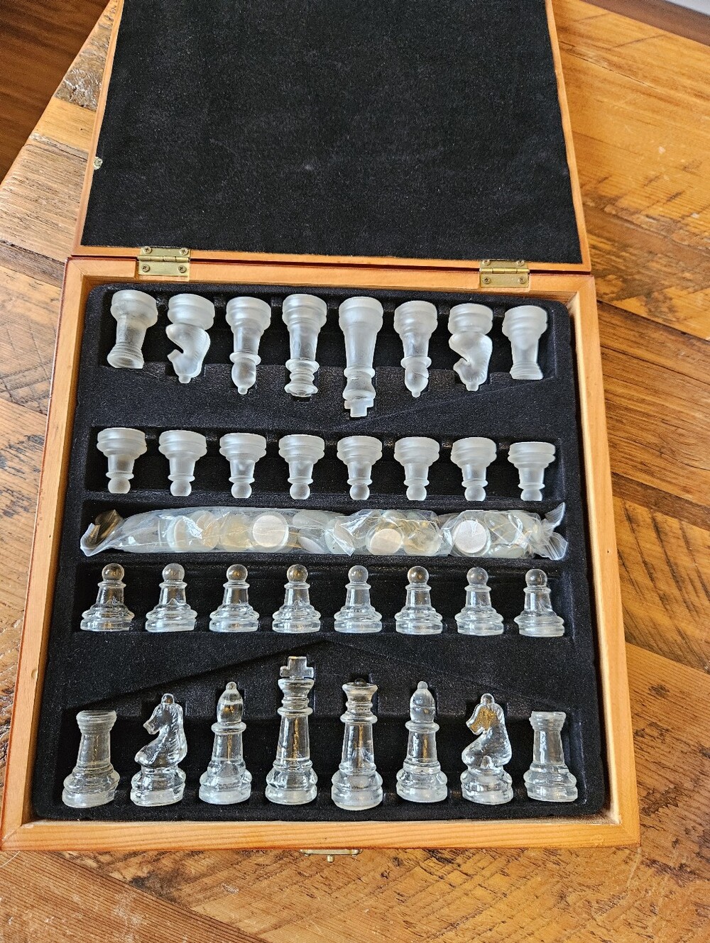 Vintage Glass Chess + Checkers Set in Wood Case